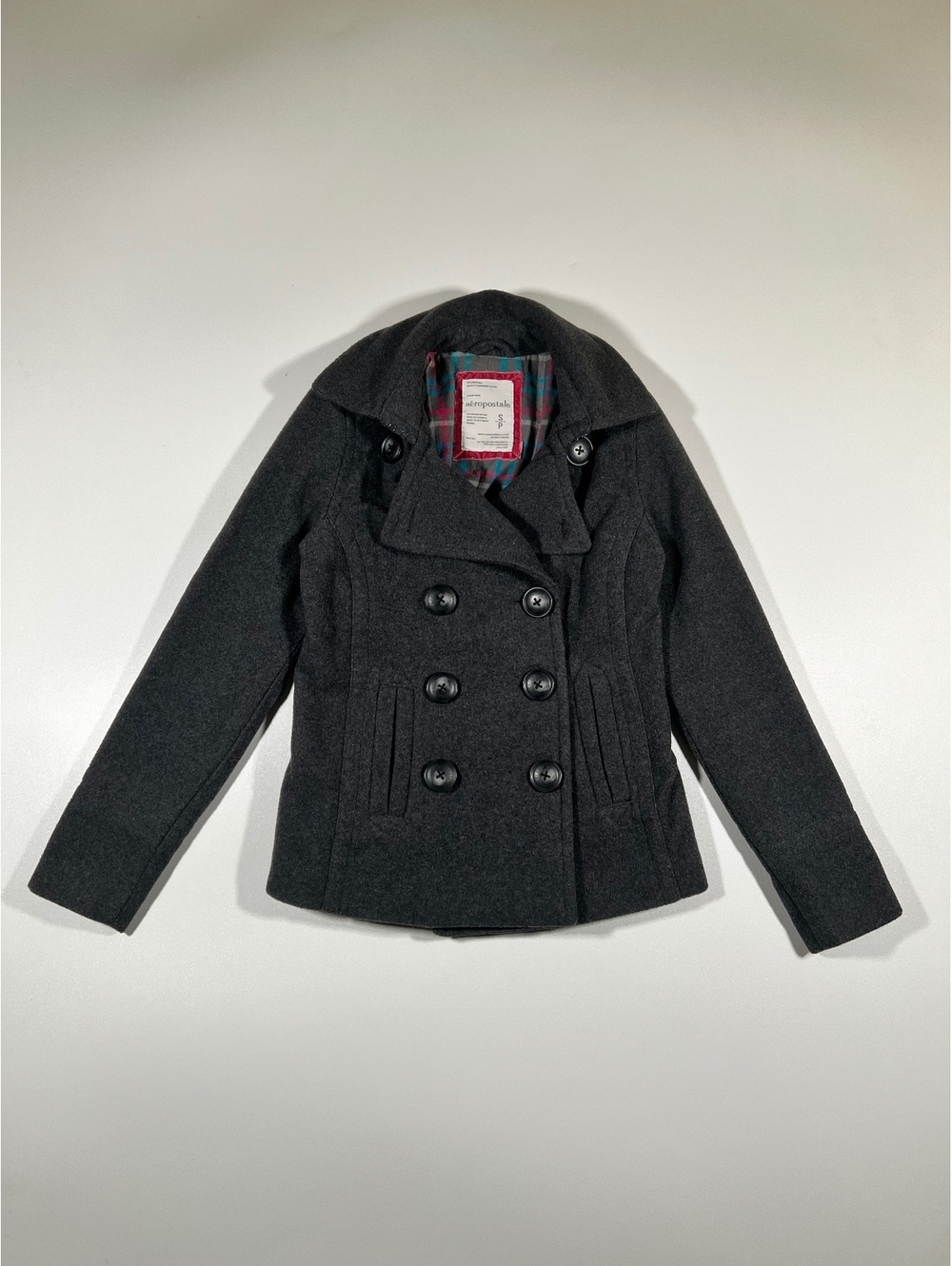 Vintage Aeropostale Wool Blend Pea Coat Plaid Lined Double Breasted Womens S